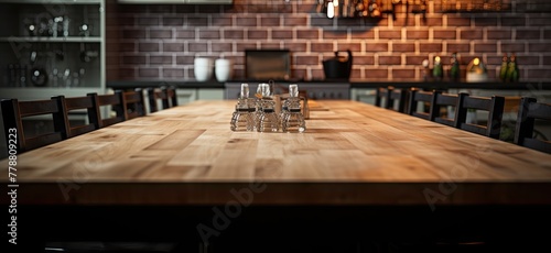 Peek into a cozy kitchen interior featuring a wooden table and chairs, with a blurred background adding a touch of warmth and homeliness.