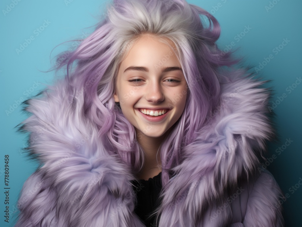Woman With Purple Hair Wearing Fur Coat Woman With Purple Hair Wearing Fur Coat