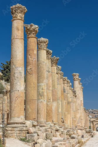 Row of columns at an archaeological site in Jerash. Jordan. Horizontally.