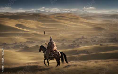 Genghis Khan surveying the vast Mongolian steppes from a hilltop, horsemen and tents in the expansive landscape below