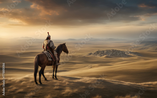 Genghis Khan surveying the vast Mongolian steppes from a hilltop, horsemen and tents in the expansive landscape below photo