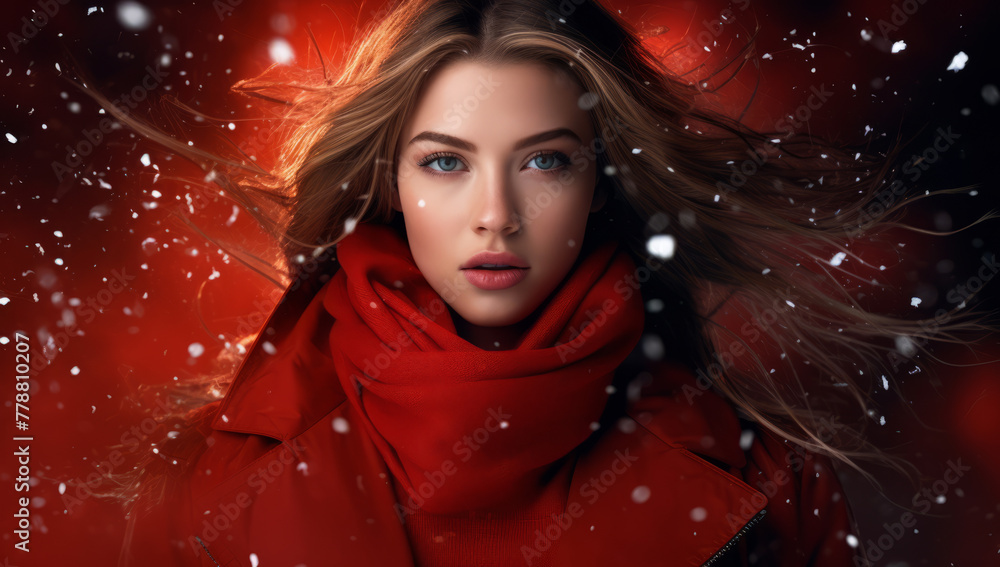 Blond woman posing in the snow in red and blue background fashion concept for outdoor winter clothing
