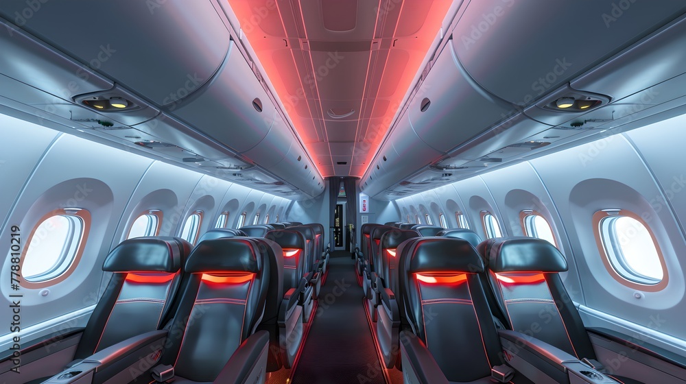 Modern Airplane Interior with Ambient Lighting. Empty Passenger Seats, Clean Aircraft Cabin, Travel Comfort and Transportation Concept. AI