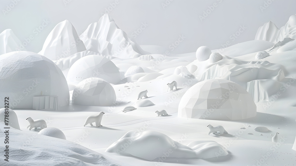 White scenario in a winter tundra landscape with polar bears and icebergs