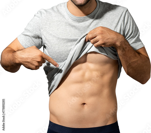 Muscular male model lifting up t-shirt to show abs PNG file no background 