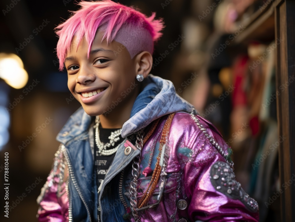 Young Boy With Pink Hair Wearing Purple Jacket