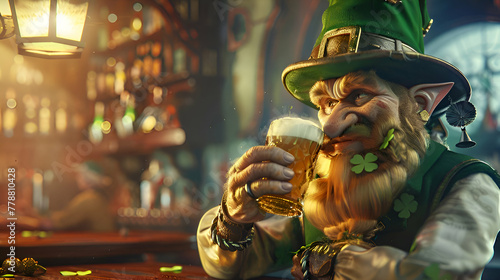 Irish bearded leprechaun gnome with a glass of beer in a bar,  st patrick celebration concept 