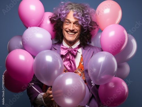 Man in Purple Suit and Hair Holding Balloons © hakule
