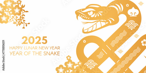 Happy Chinese New Year 2025 with Snake zodiac sign and flowers. Lunar new year card template. Gold paper cut style on white background.