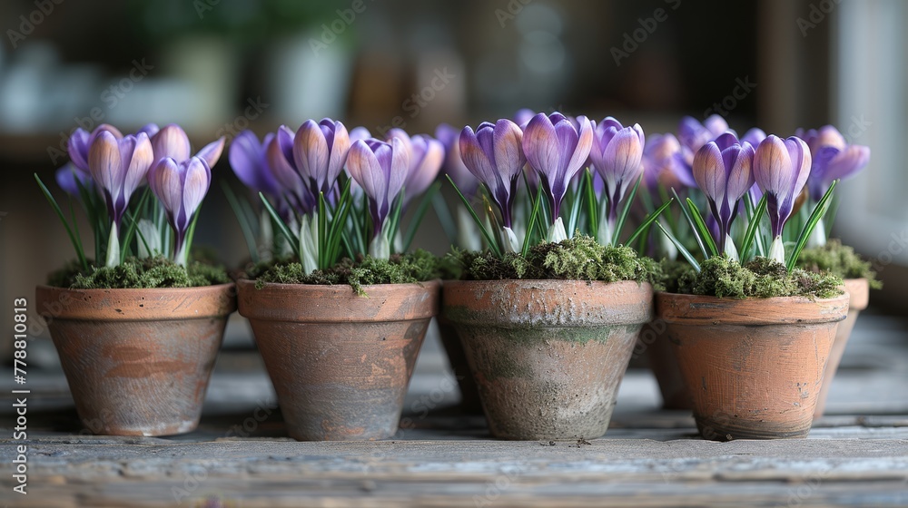 A cluster of planters adorned with lavender blooms perched atop a wooden table, framed by a window A cluster of planters adorned with lavender blooms perched atop a wooden table, framed by a window