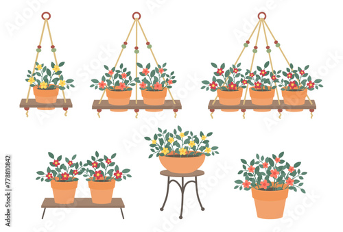 Set of ceramic flowerpots isolated vector, hanging pot with flowers cartoon illustration collection