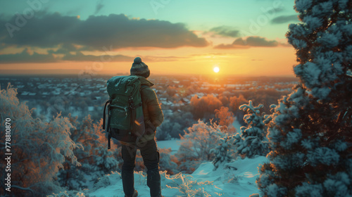 A tourist on the top of a mountain, a man enjoying the view of the sunset. Winter landscape. Bokeh effect. AI generative