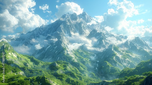  Mountain range with lush green trees and grass in foreground  vivid blue sky with fluffy clouds in background