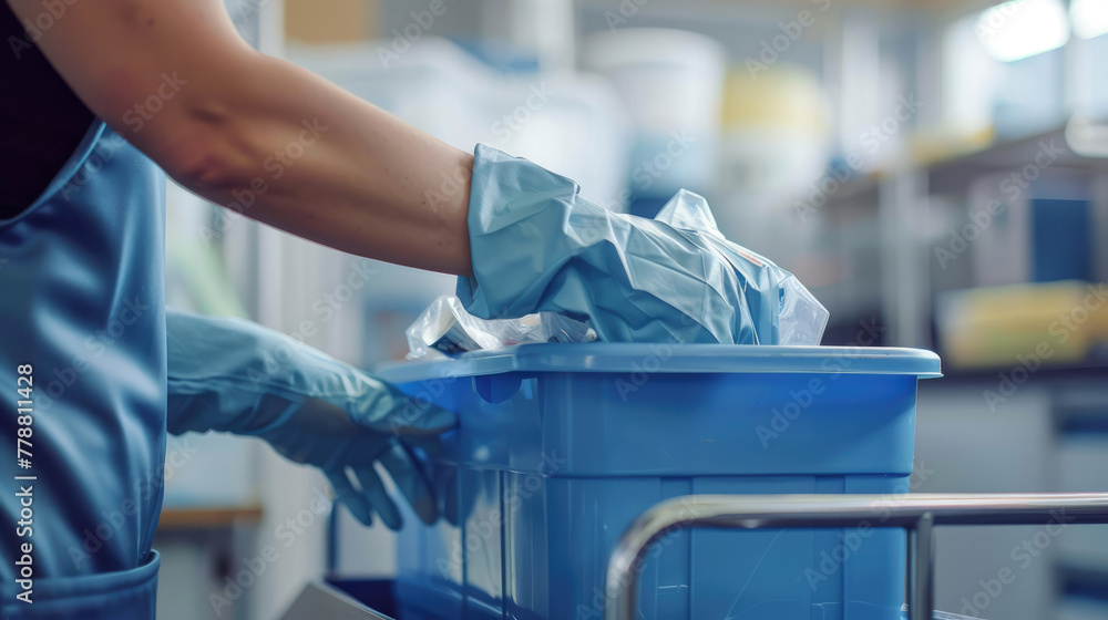 Close-Up of Cleaner's Hands Removing Waste into Bin on Trolley Close-Up of Cleaner's Hands Removing Waste into Bin on Trolley
