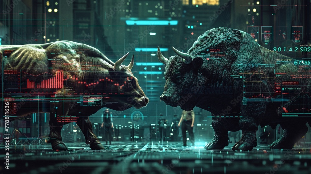 Dynamic scene capturing a bull and a bear in a symbolic tug of war on a trading floor, surrounded by traders who watch anxiously The animals are adorned with stock tickers and graphs - obrazy, fototapety, plakaty 