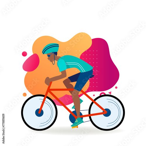 Athletic man cycling outdoors. Athlete riding bike, hardhat, race flat vector illustration. Sport, activity, lifestyle concept for banner, website design or landing web page
