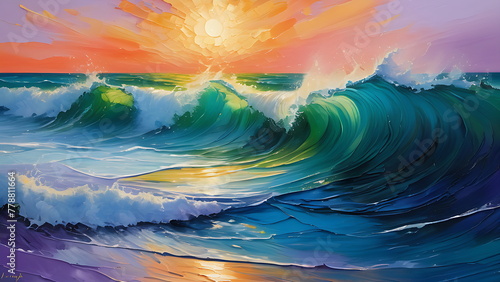 Vibrant Display of Nature Painting, Ocean Waves Under a Radiant Sunset