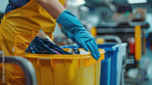 Close-Up of Cleaner's Hands Removing Waste into Bin on Trolley