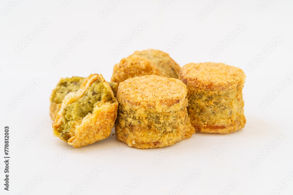 Chinese pastry mung bean cake on white background Chinese pastry mung bean cake on white background