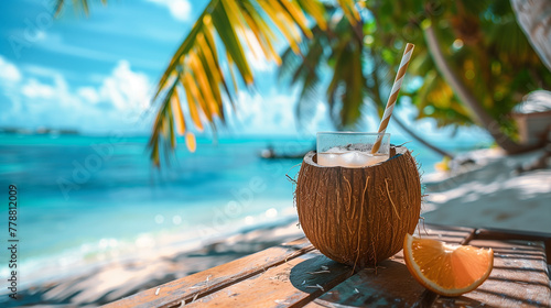 Cocktail in a coconut with straws and décor on the table, the ocean and a palm tree are in the background