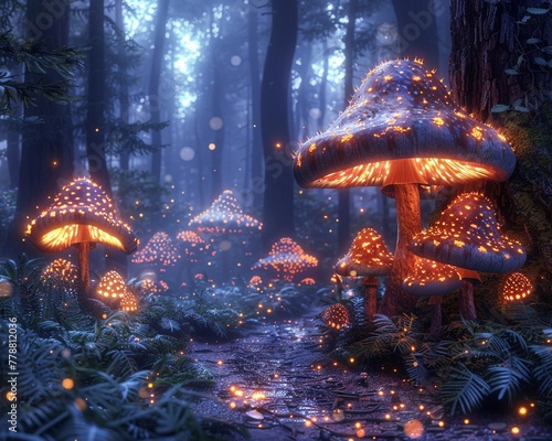 A mysterious forest, glowing mushrooms, enchanted, under the moonlight, digital art, backlight, lens flare