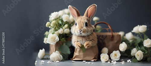 white tulips in watering can and easter rabbitEaster bunnies on rustic background generative by ai.. photo