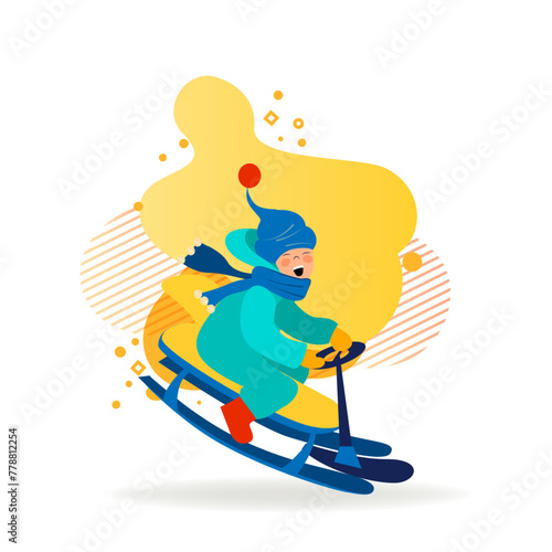 Excited kid riding on sleigh downhill. Boy sledging and having fun flat vector illustration. Holiday, outdoor activity, winter vacation concept for banner, website design or landing web page