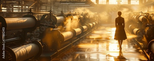 Spinning Jenny, cotton threads, revolutionizing textile industry, bustling factory floor, cloudy day, photography, Backlights