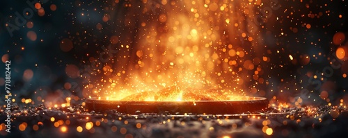 Iron Forge, molten metal, shaping industrial era, sparks flying, night sky, 3D render, Spotlight lighting, Lens Flare