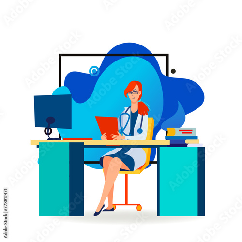 Female doctor at her workplace. Woman in white coat at computer, practitioner flat vector illustration. Medical occupation, hospital concept for banner, website design or landing web page