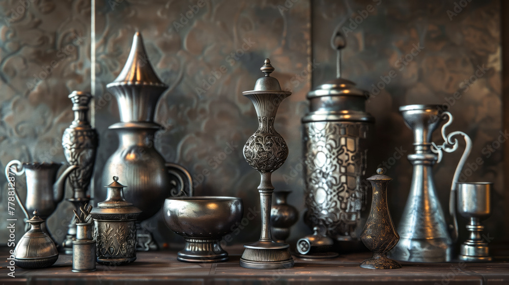 Antique Metalwork Ensemble, Create images featuring an ensemble of antique metalwork items, including vases Antique Metalwork Ensemble, Create images featuring an ensemble of antique metalwork items, including vases