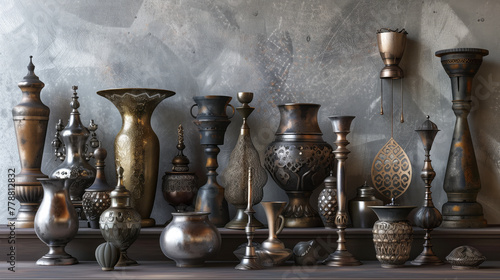 Antique Metalwork Ensemble, Create images featuring an ensemble of antique metalwork items, including vases photo