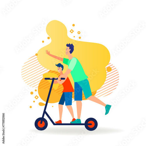 Happy dad and son riding scooter together. Young man and boy enjoying outdoor activity flat vector illustration. Family, lifestyle, vacation concept for banner, website design or landing web page