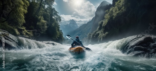 Experience the adrenaline rush of whitewater kayaking as a young man braves turbulent rapids in the mountainous wilderness.