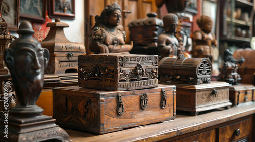 Antique Wooden Treasures, Showcase the allure of antique wooden treasures, such as chests, trinket boxes photo
