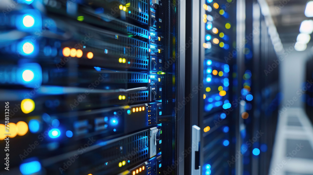 Close-Up of Mainframe Storage Servers in Data Center, Mainframe Servers at the Heart of Cloud Network Close-Up of Mainframe Storage Servers in Data Center, Mainframe Servers at the Heart of Cloud Network