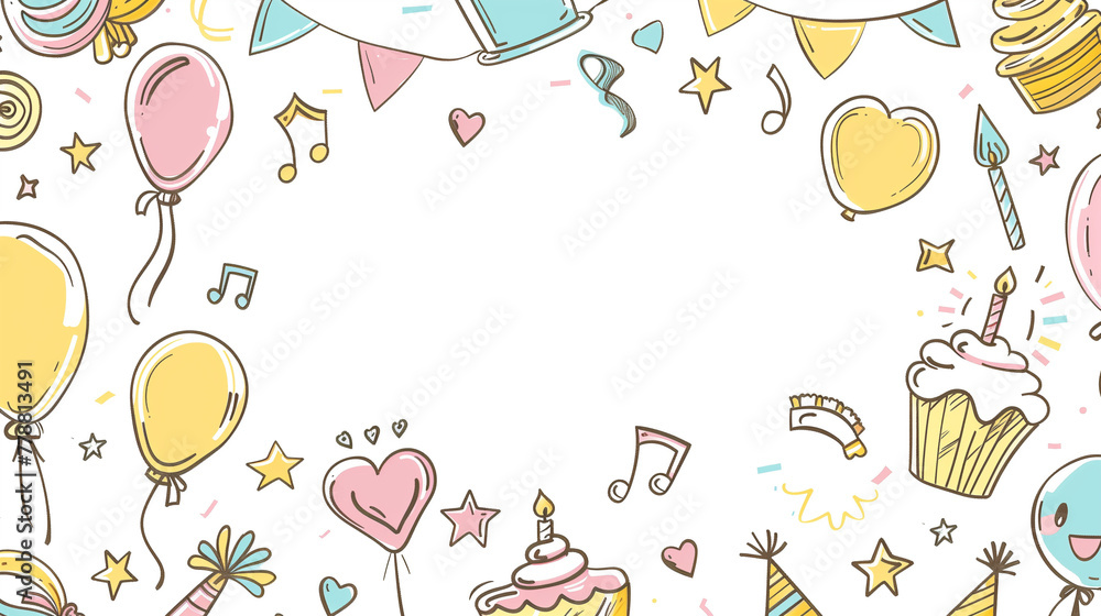  Colorful Birthday Party Elements Doodle on White Background