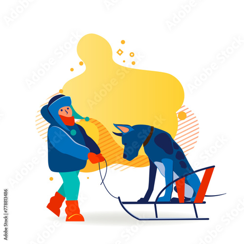 Kid and dog sledging outdoors. Boy walking with pet in park flat vector illustration. Leisure, outdoor activity, winter vacation concept for banner, website design or landing web page