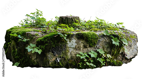 Mossy rock with plants isolated. Natural theme moss plants.