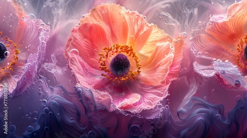 Close-up of three pink flowers with water droplets against a purple-pink background with blue swirls and bubbles
