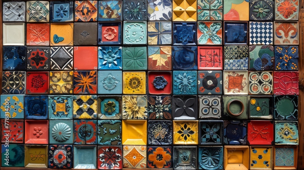   Close-up of diverse mosaic wall with multiple tile shapes, sizes, and colors