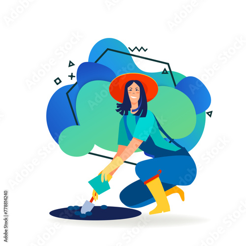 Positive female gardener gathering soil. Young woman working with shovel outdoors flat vector illustration. Gardening, outdoor activity, hobby concept for banner, website design or landing web page