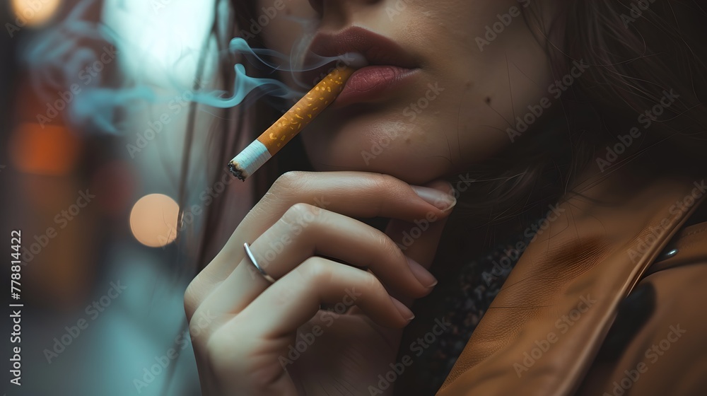Fototapeta premium Urban woman taking a break with a cigarette on city streets. Casual style, candid capture, concept of young adults' lifestyle choices. Moody atmosphere. AI