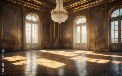 Golden ballroom with large windows, gilded floors in a lavish rococo baroque palace, neoclassical style