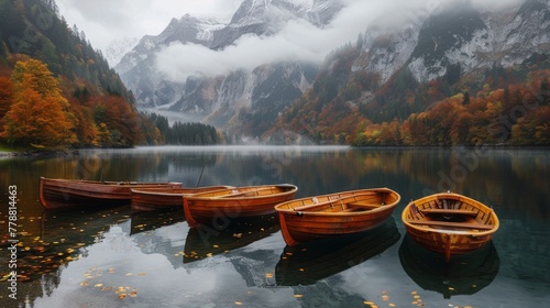 Wooden boats rest on the placid waters of an alpine lake, embraced by autumnal forests and misty mountains, evoking tranquility and nature's splendor.