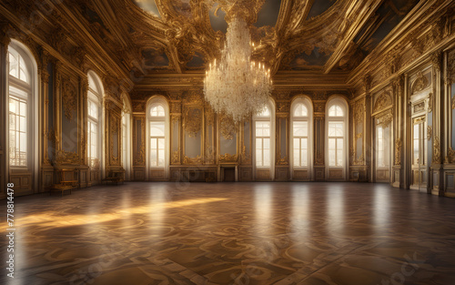 Golden ballroom with large windows, gilded floors in a lavish rococo baroque palace, neoclassical style