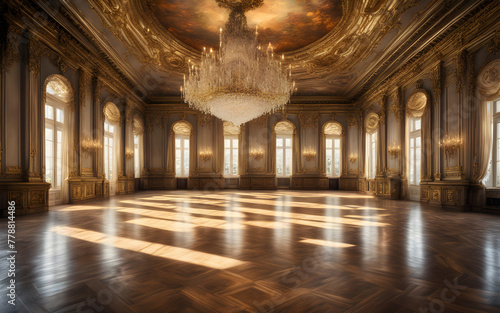 Golden ballroom with large windows, gilded floors in a lavish rococo baroque palace, neoclassical style