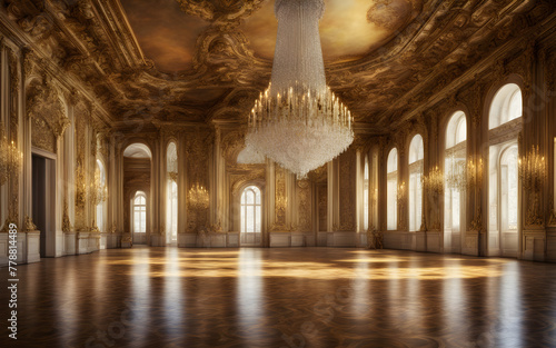 Golden ballroom with large windows, gilded floors in a lavish rococo baroque palace, neoclassical style photo