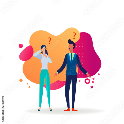 Useless employees failing in job. Confused office worker shrugging shoulders, question marks flat vector illustration. Personnel inefficiency concept for banner, website design or landing web page