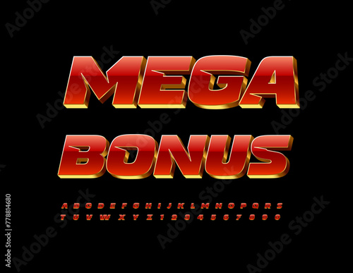 Vector chic icon Mega Bonus. Trendy Red and Gold Font. Unique Alphabet Letters and Numbers set.
